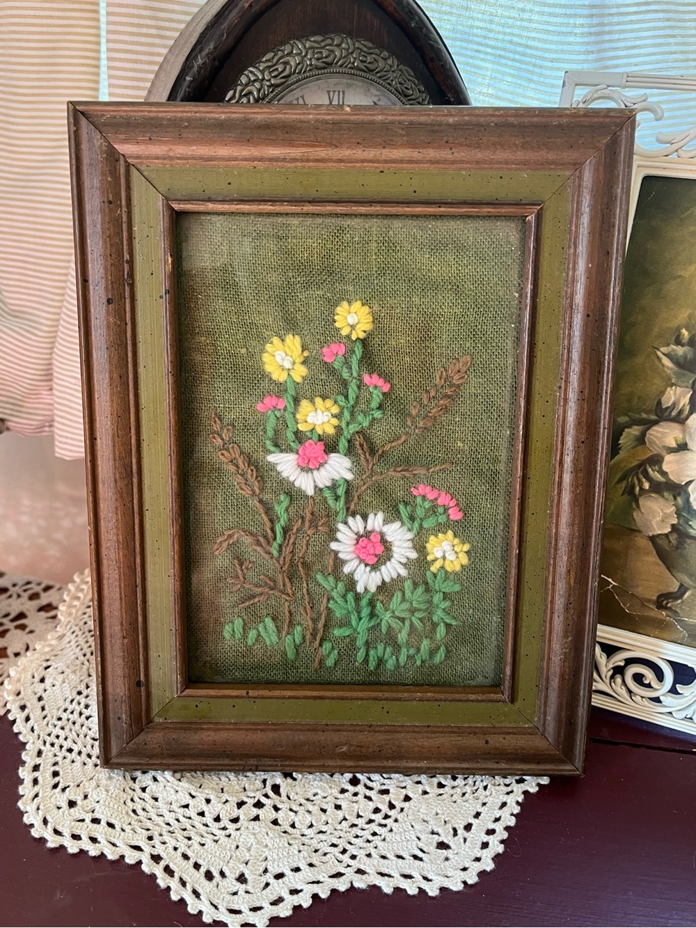 Vintage Hand-Embroidered Floral Wall Art In Wooden Frame